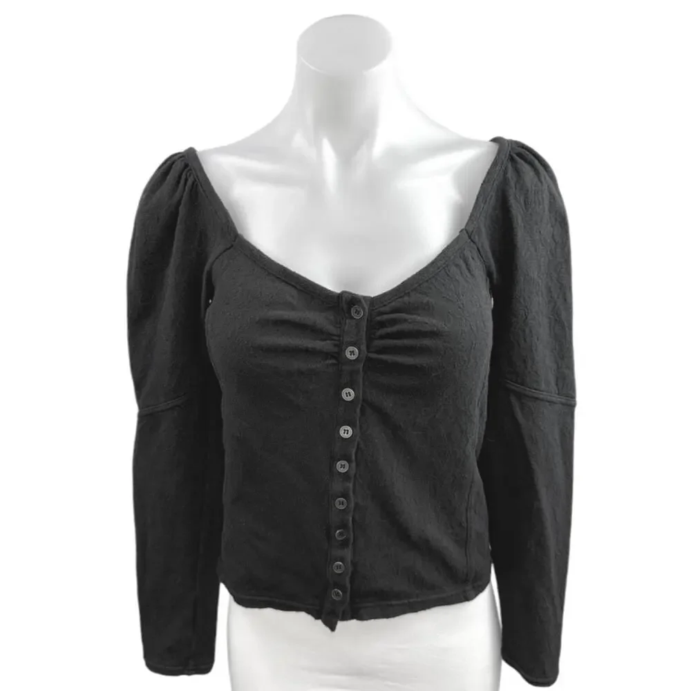 Free People Women's Black Long Puff Sleeve Scoop Neck Button Up Blouse Top Sz M